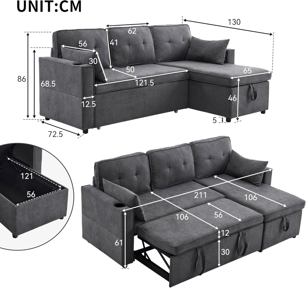 Sofá Cama 3 plazas con Portavasos y Bolsa Pasamanos Lateral, Sofá en Forma de L, Intercambiable a la Derecha y a la Izquierda, Gris