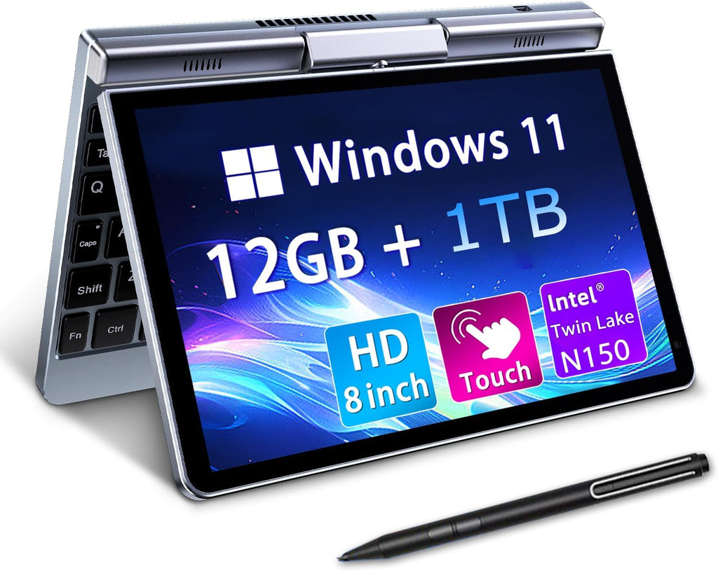 Mini Portátil 8" 2 en 1, Ordenador Portátil Win 11, N150 (hasta 3.6 GHz), 12 GB RAM 1 TB SSD, Pantalla Táctil HD, Teclado Retroiluminado, Wi-Fi 6, USB-C, PC Ligero y Portátil para