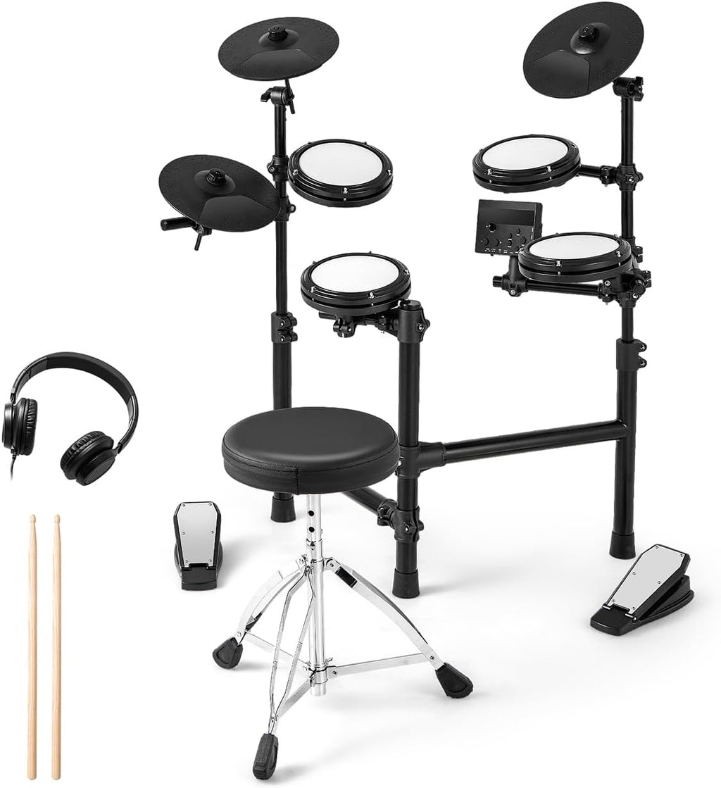 GOPLUS Batería Electrónica Completa Plegable con 150 Sonidos, Pads de Malla, Platillos de Silicona, 10 Canciones, 9 Tipos de Metrónomo, USB Midi, 2 Pedales, 2 Baquetas, Asiento Ajustable