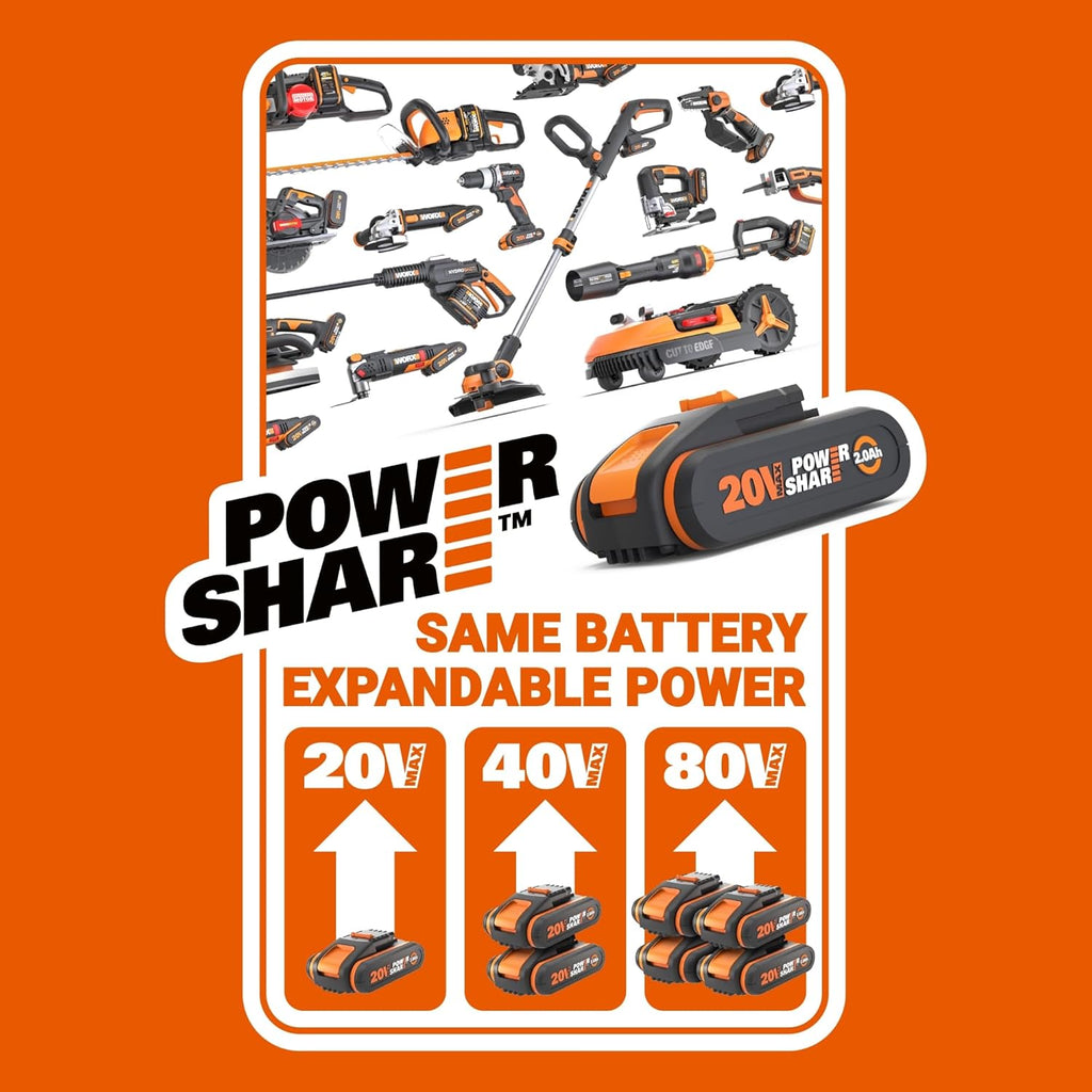 WORX Aspirador de Hojas 40V Máx. 2x20V | WG583E | PowerShare |Incluye 2 baterías y Cargador Doble |2 en 1 Recoger y aspirar – Bolsa de 35 L | Incluye Toberas | Ligero