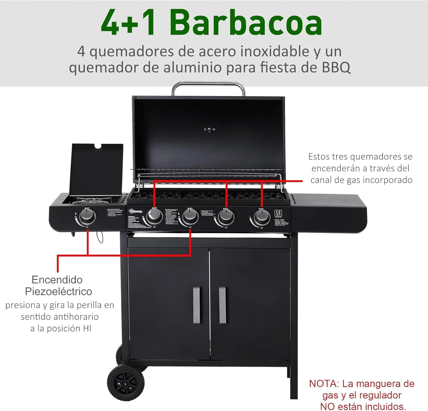 Outsunny Gas Barbecue with 4+1 Burners 14.4 KW Side Tables Storage Cabinet Thermometer and 2 Wheels Stainless Steel BBQ 125 x 51 x 100 cm Black