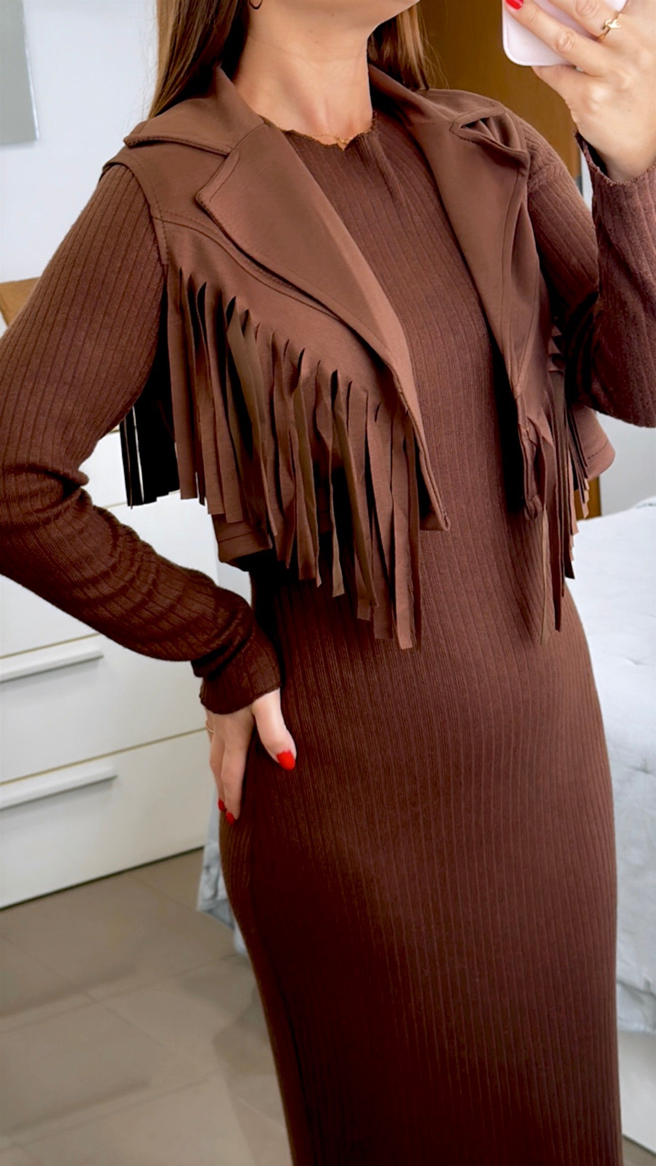VESTIDO + CHALECO FLECOS