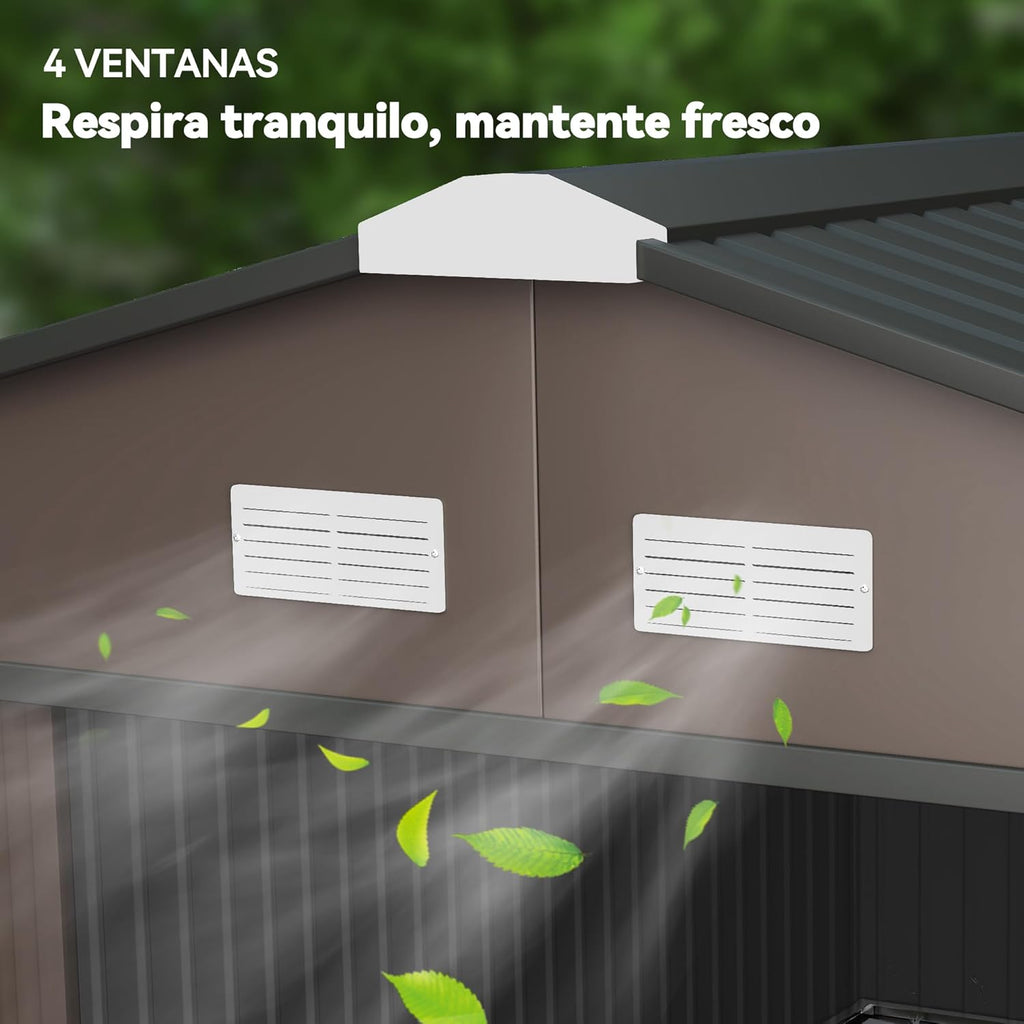 Outsunny Caseta de Jardín Exterior, 12,4 m² 340x386x200 cm, Cobertizo de Jardín Exterior Metálico con Techo de Fibra de Vidrio, Puerta Corredera, Base Refuerzo (Suelo NO Incluido) y Ventanas Marrón