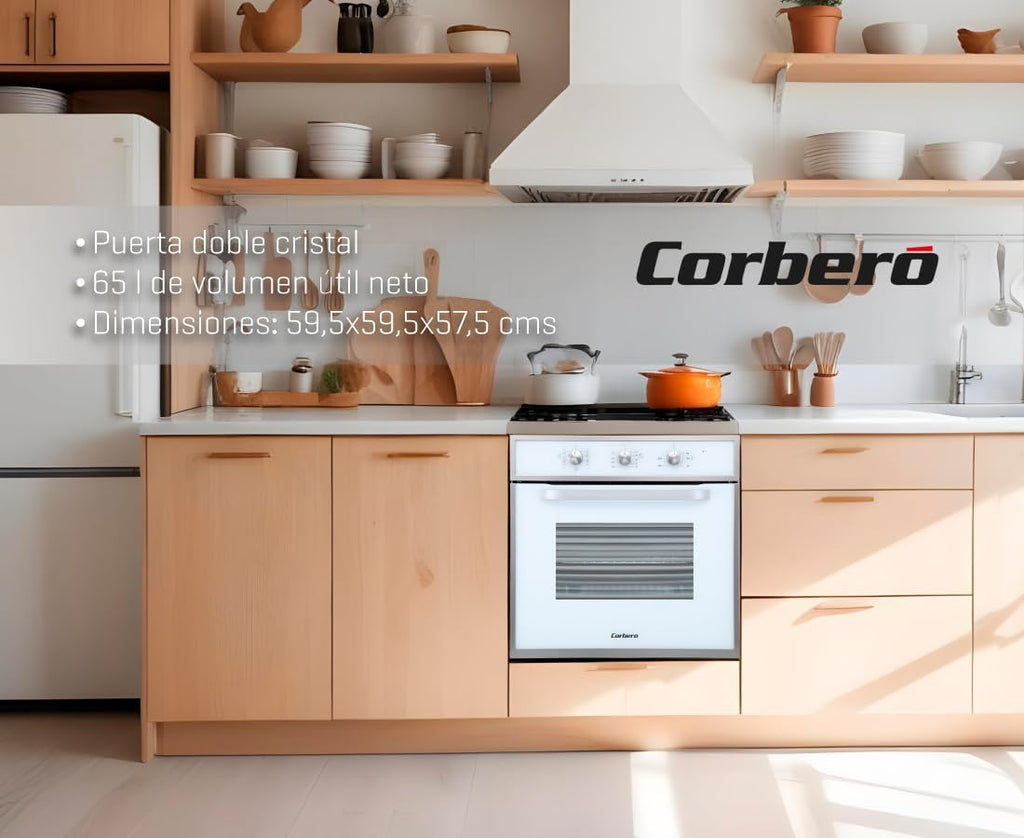 Corbero - Horno Multifunción Hidrolítico 65L | CCHM703W | Limpieza Hidrólisis | 8 Programas | (L)59.5 x (A)59.5x57.5 (H) cm | Luz Interior | Puerta Doble Cristal | 3000W Potencia | Blanco perfil inox