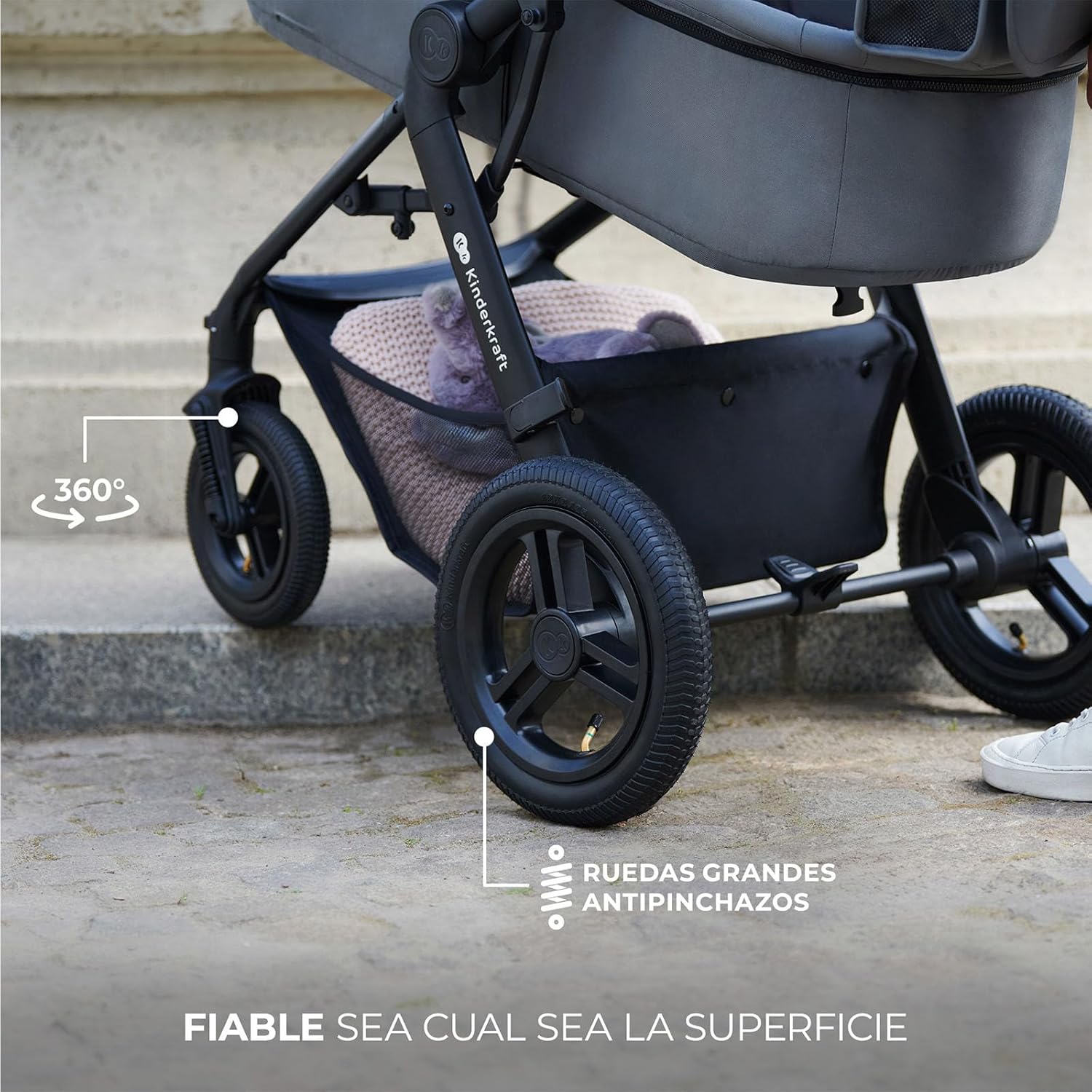 Kinderkraft MOOV XL 3 en 1, Carrito bebé hasta 27 kg, Carro, Con Asiento I-SIZE 40-75 cm, Plegable, Amortiguación, Convertible, Capazo XL, Con accesorios, Gris Claro