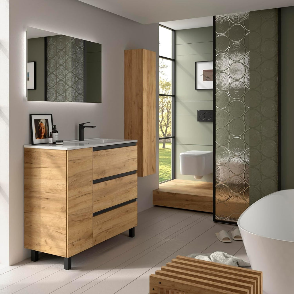 Mueble de Baño BEQUIA Plus Metal 3C 90cm Roble | Lavabo Porcelana Grifo Derecha