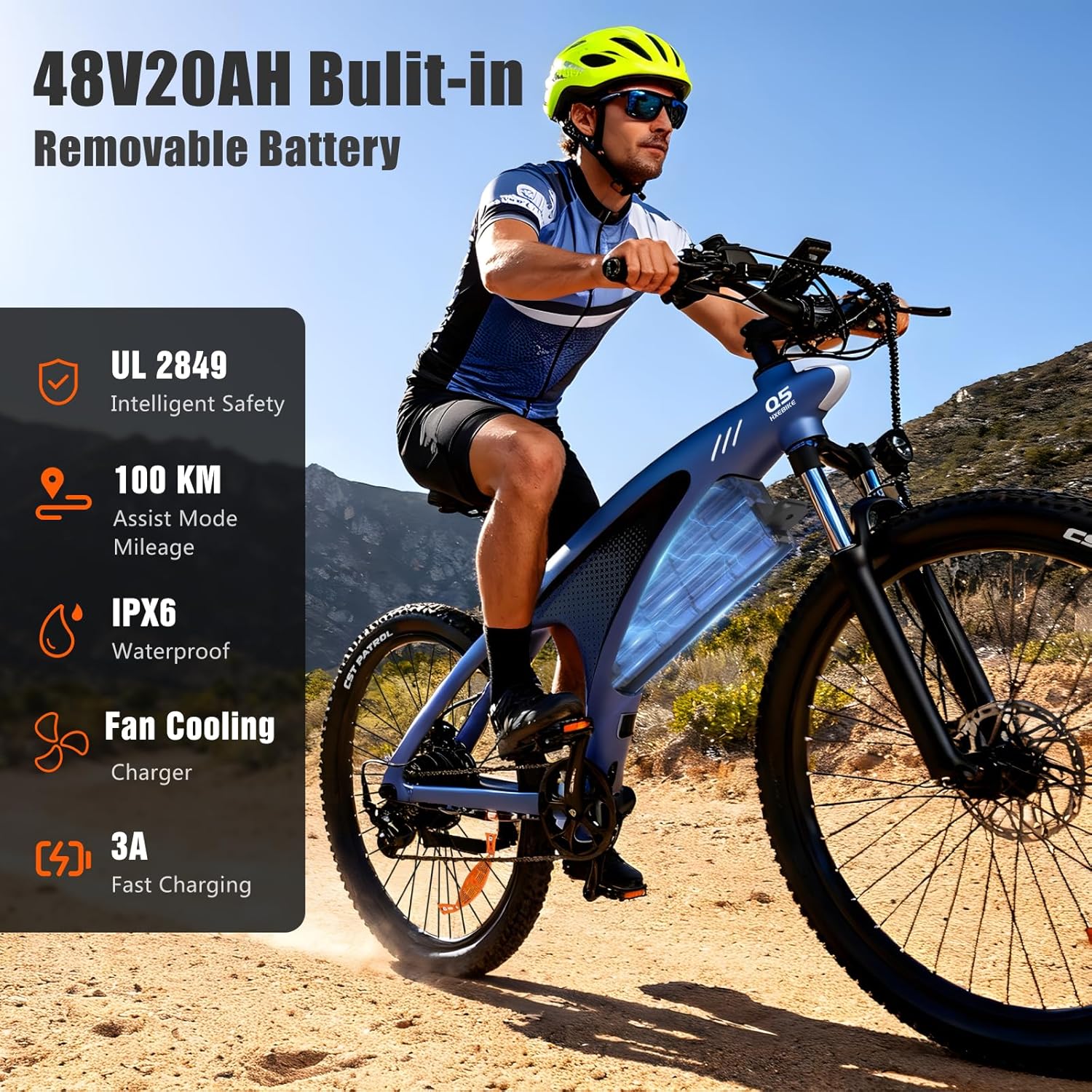 HX Q5 Bicicleta Eléctrica Montaña para Adultos con Carga rápida 48V 20AH Batería Extraíble,27.5"x2.25" Tyre EBike con luz RGB,SHIMAN0 7 velocidades,Frenos de DIS hidráulicos y Alcance 90-120KM