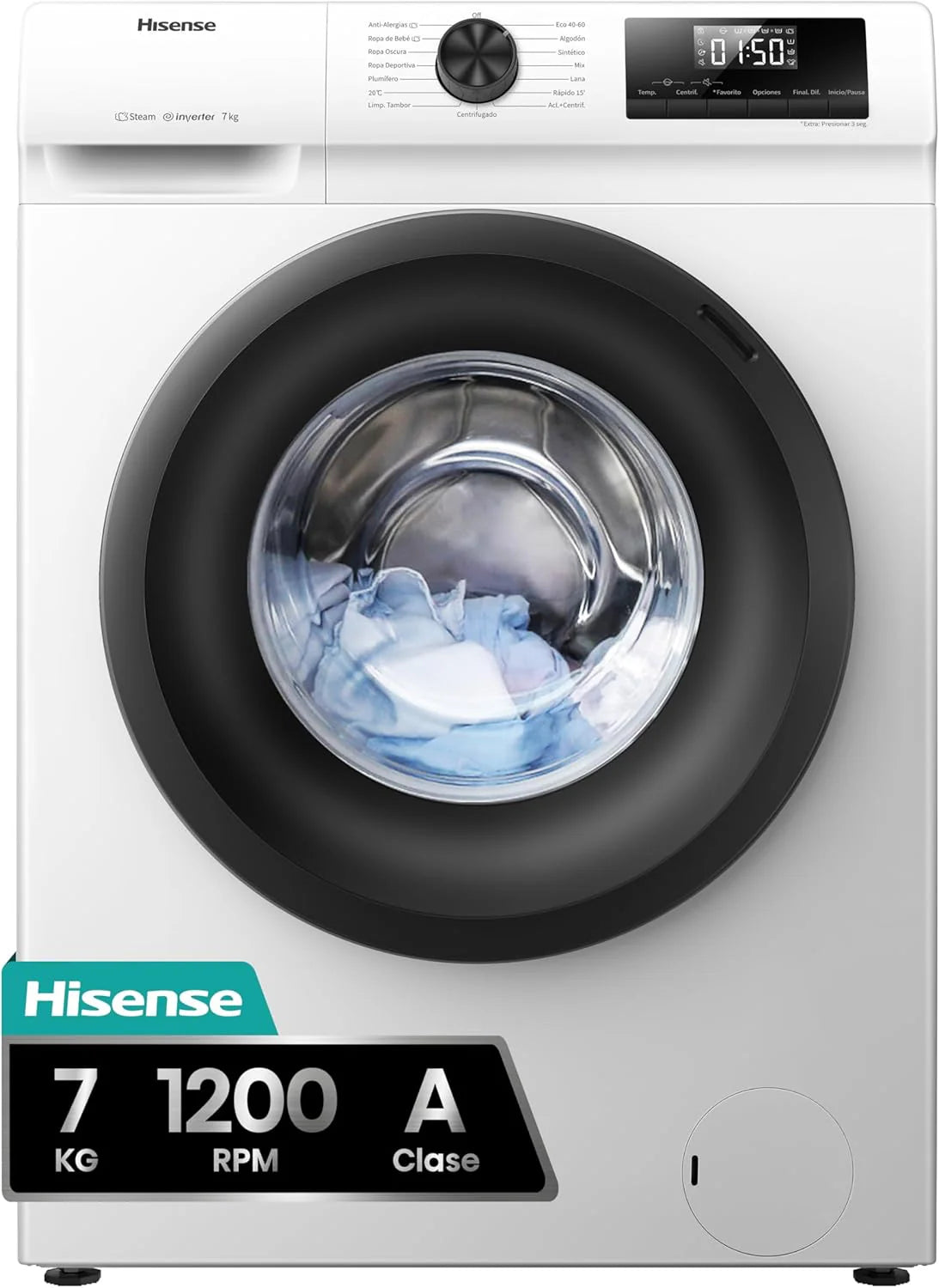 Hisense WFQP701219VM Washing Machine, Class A, 7 kg, 1200 rpm, Height 84.5 cm x Width 59.5 cm, White