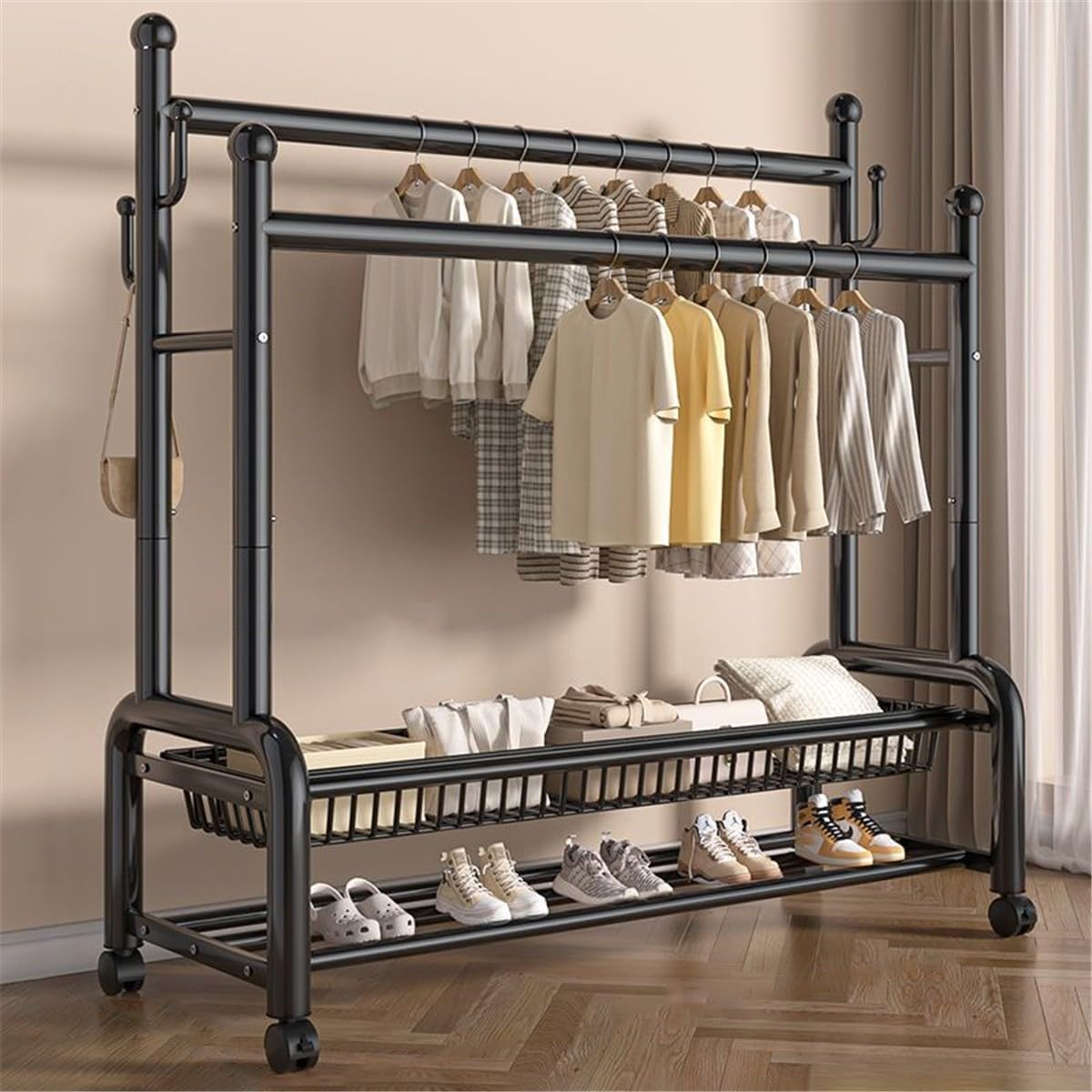 Perchero De Metal con Ruedas, Perchero de Acero Al Carbono con 2 Almacenamiento De Rack Y 2 Rieles De Ropa, Extraíble