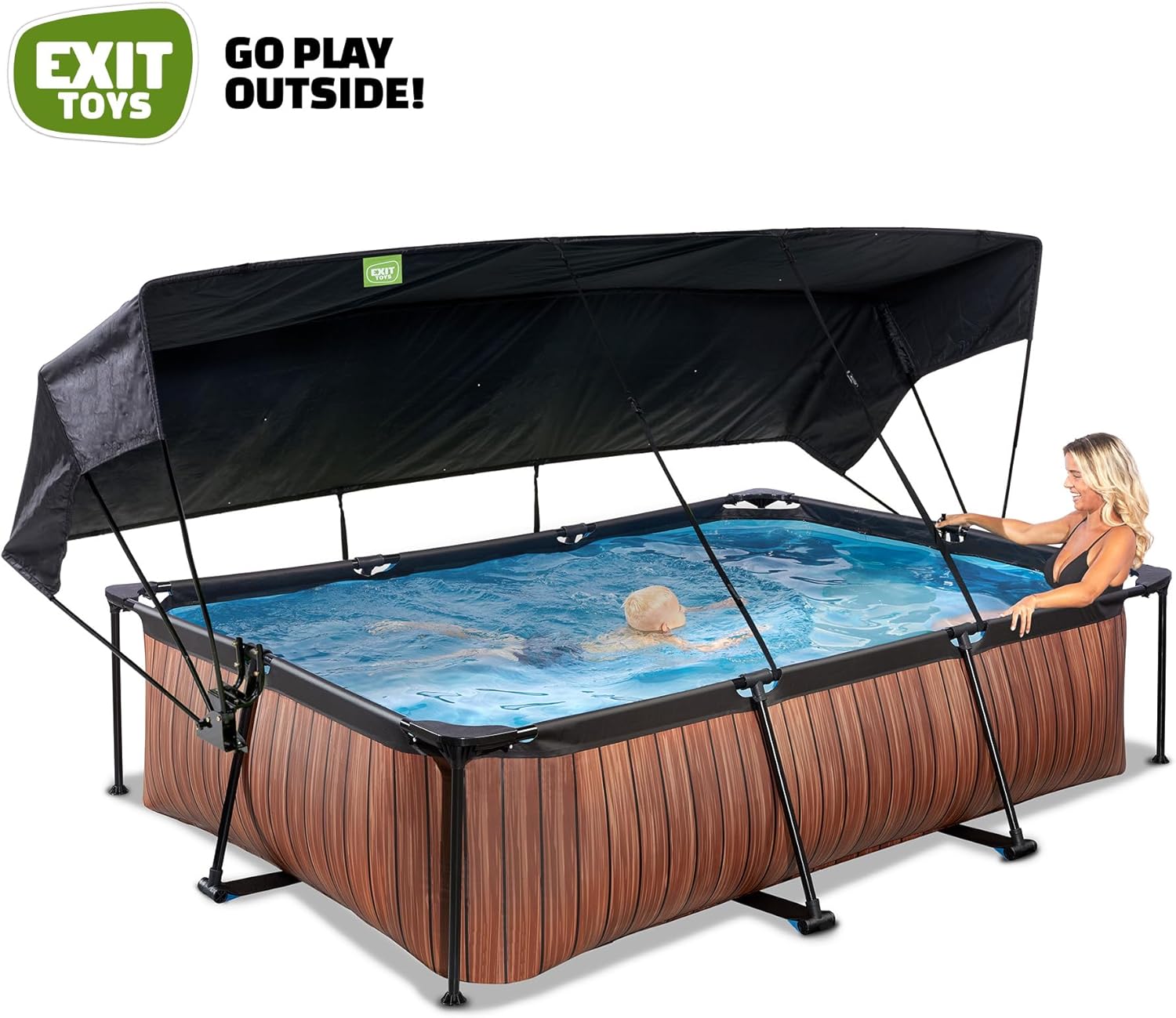 EXIT Toys Wood Pool con Toldo Solar - 300x200x65cm - Piscina de Marco Rectangular Compacta con Bomba de Filtro de Cartucho - Protección UV Óptima - Fácil Acceso - Diseño Único - Marrón