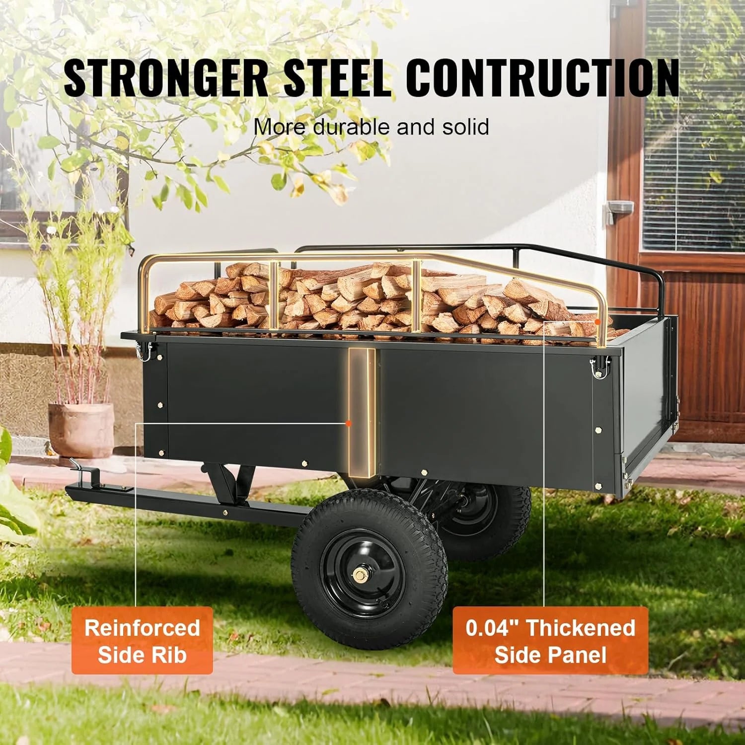VEVOR Dump Trailer Load Capacity 340kg Heavy Duty Garden Utility Trailer with Removable Sides 0.4m³ Dump Transport Cart for Tractor, Lawn Mower, ATV, 200x66x76cm