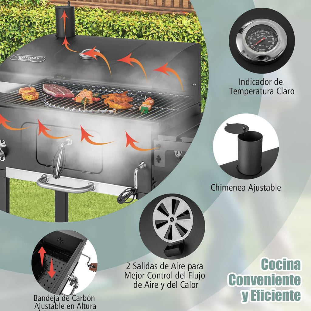 COSTWAY Barbacoa Carbon XXL, Barbacoa Portatil 128 x 54x 117 cm, Tapa, Termómetro, 2 Mesas Laterales Plegables, 8 Ganchos, 2 Ruedas y Abridor de Botellas