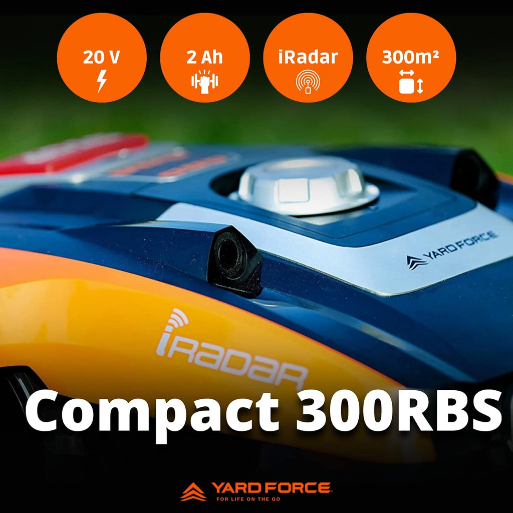 Yard Force Force Compact 300RBS Robot cortacésped hasta 300 m² con control Bluetooth y aplicación, motor sin escobillas, batería 20 V/2,0 Ah, negro/naranja