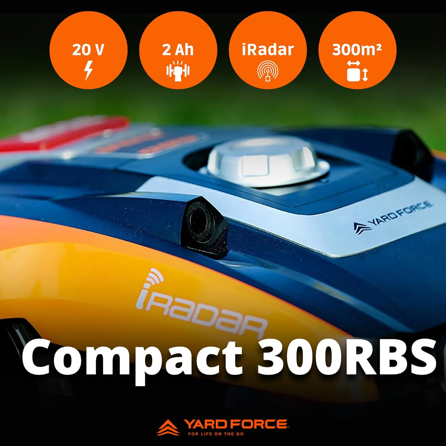 Yard Force Force Compact 300RBS Robot cortacésped hasta 300 m² con control Bluetooth y aplicación, motor sin escobillas, batería 20 V/2,0 Ah, negro/naranja