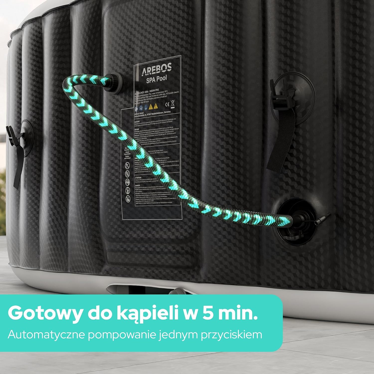 Arebos Nadmuchiwane spa z oświetleniem LED | Nadmuchiwane | Wnętrze i na zewnątrz | 190x120 cm Owal | 2 osoby | 90 dysz masujących | z ogrzewaniem | 550 litrów | Okładka w zestawie | Bąbelkowe Spa