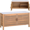 KOMFOTTEU Baúl de Jardín de Madera de Acacia, Caja de Almacenamiento con Doble Puerta y Tapa de Mármol Artificial, Arcón Exterior con Patas Ajustables, Contenedor Organizador para Patio