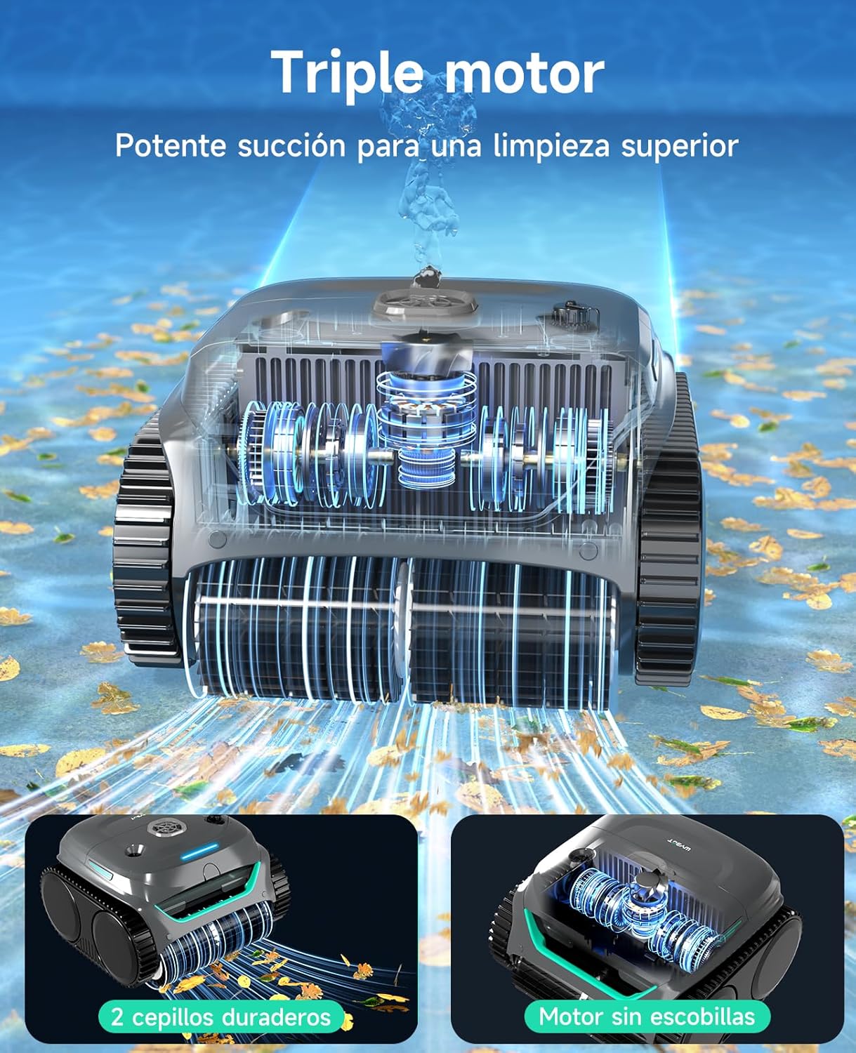 WYBOT C2 Limpiafondos Piscina, Robot Limpiafondos Piscina Inalámbrico 150㎡, Doble Filtración, 3 Motores, Succión Potente, Limpieza Paredes & Línea de Agua, 180 Min, App(Gris-Verde Gris)
