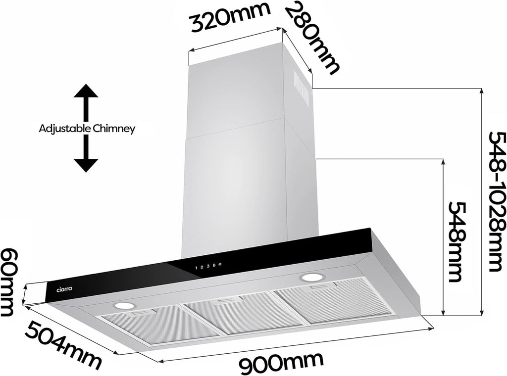 CIARRA CBCS9102 Campana Extractora 90 cm Clase A+++ 650 m³/h WIFI Control Táctil 4 Velocidades Evacuación al Exterior y Recirculación Interna por Filtro de Carbón CBCF003