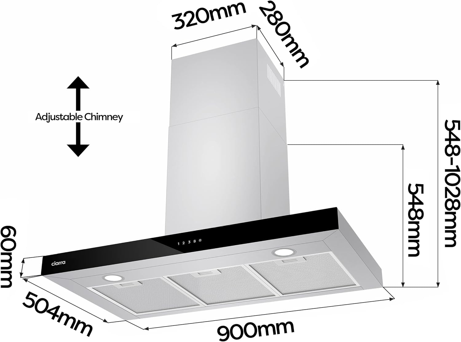 CIARRA CBCS9102 Campana Extractora 90 cm Clase A+++ 650 m³/h WIFI Control Táctil 4 Velocidades Evacuación al Exterior y Recirculación Interna por Filtro de Carbón CBCF003