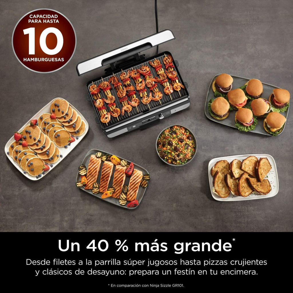 Ninja Sizzle Pro XL Indoor Grill and Griddle with Non-Stick Ceramic Griddle Plate and Griddle, Detachable Lid, Grease Catcher and Recipe Guide, Silver/Black GX101EU