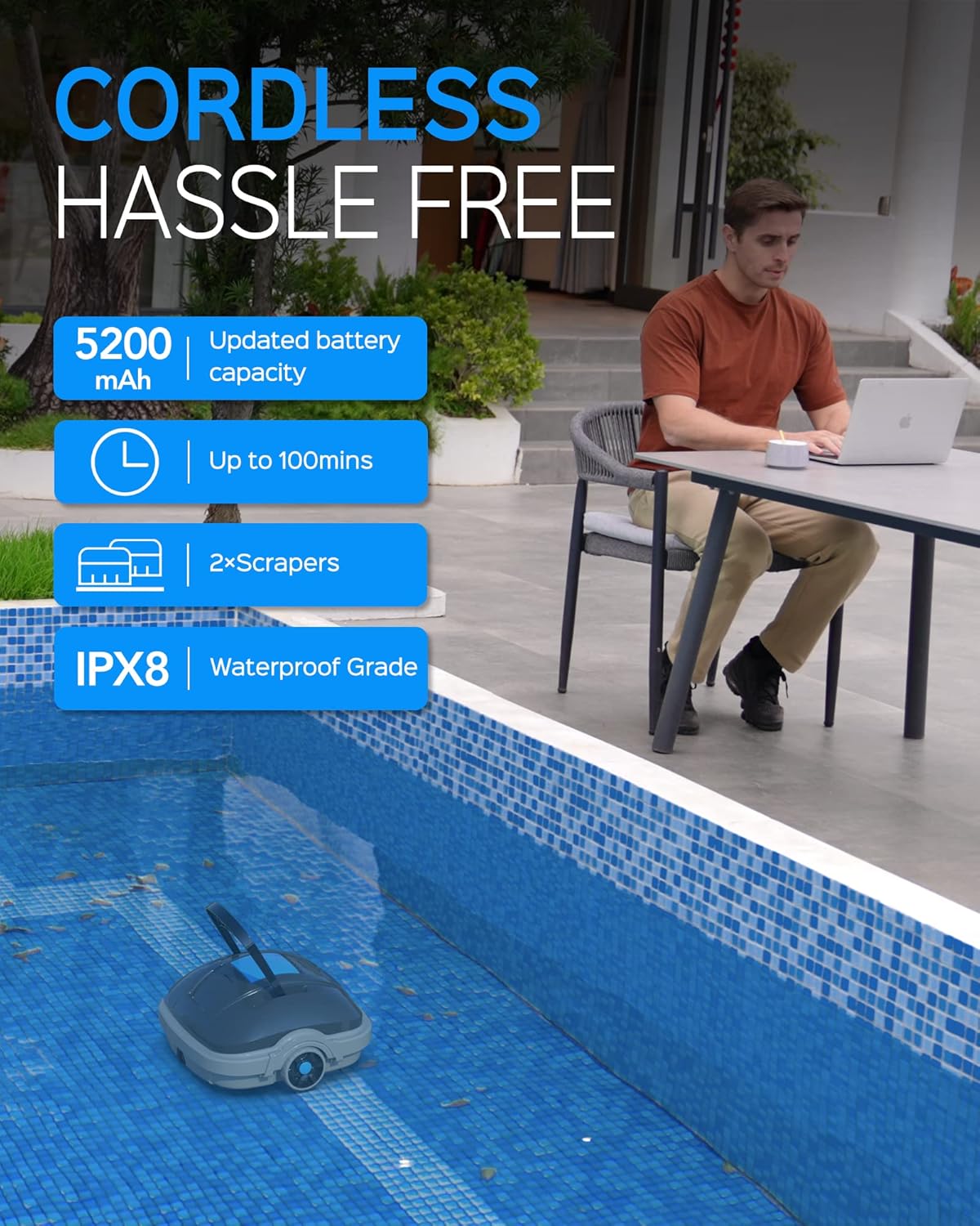 Robot Limpiafondos Piscina Electrico sin Cable para Aspirador Piscinas de hasta 80m², 100 Mins Doble Filtración y Estacionamiento Automático, Robot Limpiafondos Piscina con Motores de Doble Tracción