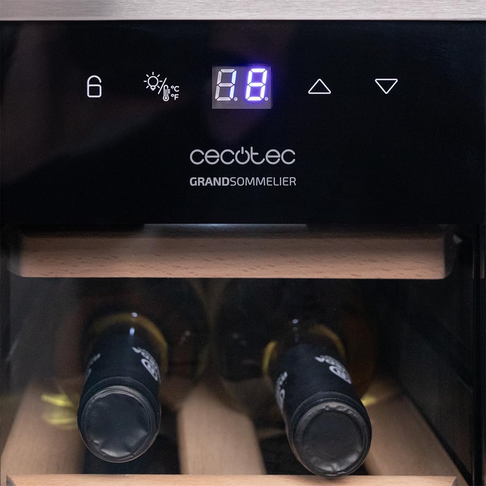 Cecotec Vinoteca Libre Instalación Bolero GrandSommelier 1250 CoolWood. Nevera para vinos con capacidad para 12 botellas, temperatura ajustable de 8-18ºC, LED y estantes de madera.