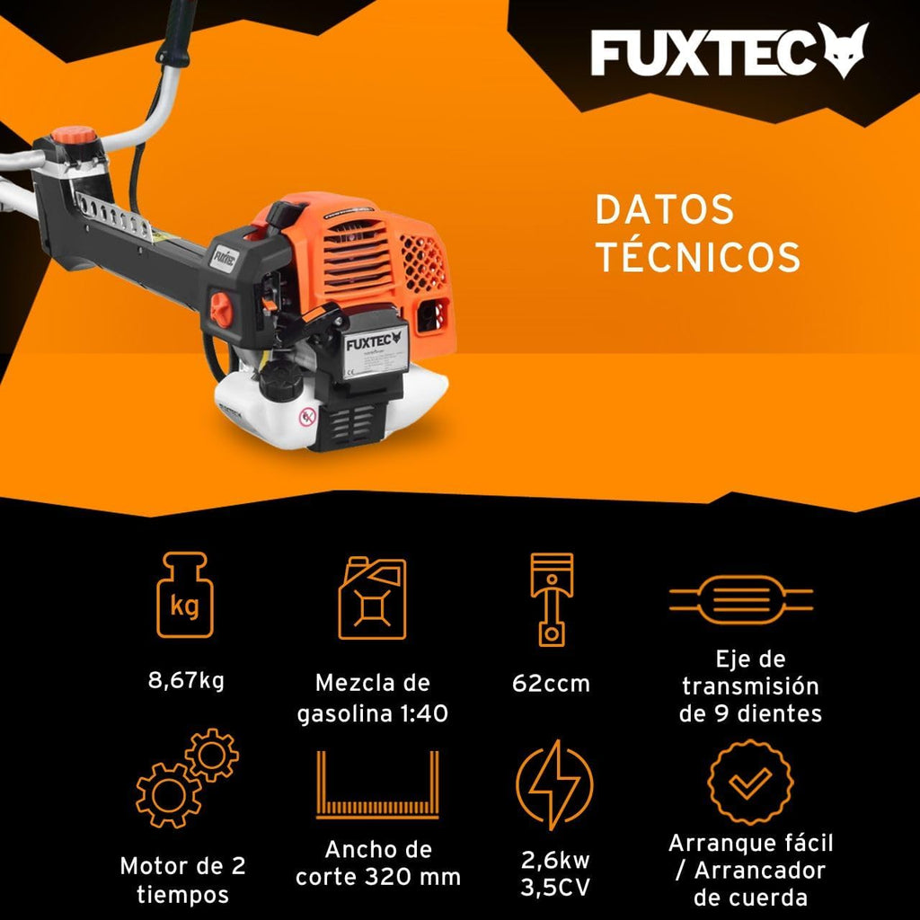 FUXTEC Desbrozadora profesional de gasolina de 62 cc, 3,5 CV, Multiherramienta 2en1, con correa para el hombro, sistema antivibratorio recortadora multifunción Motor 2 tiempos