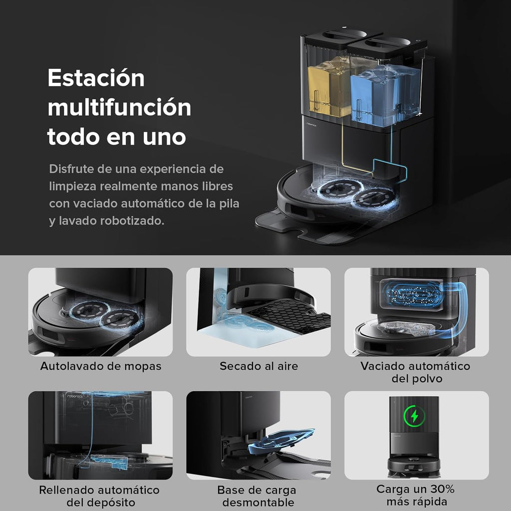 roborock Robot Aspirador QV 35A Set, 8000Pa de succión, Dos mopas giratorias elevables, cepillos antienredos, tecnología reactiva para Evitar obstáculos, navegación y mapeo,Negro