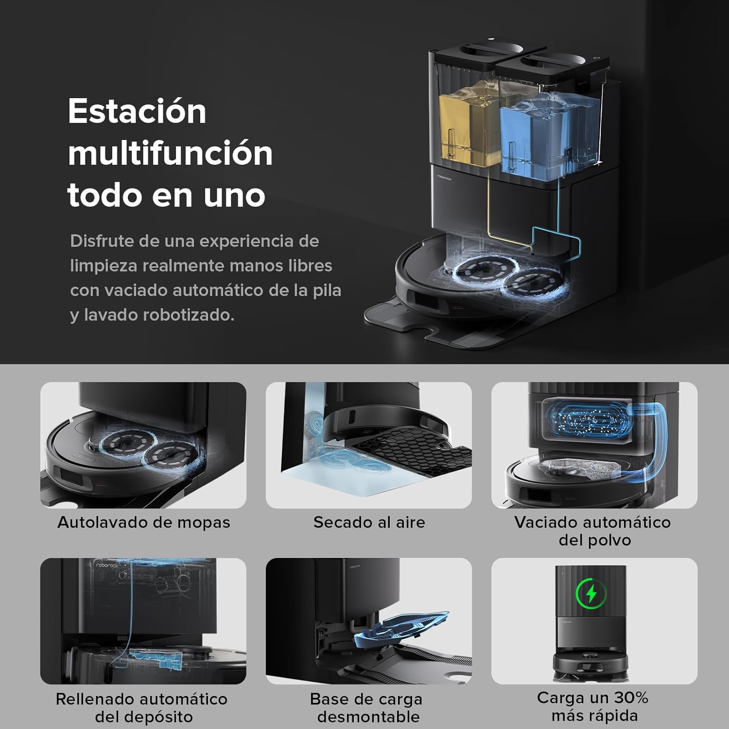 roborock Robot Aspirador QV 35A Set, 8000Pa de succión, Dos mopas giratorias elevables, cepillos antienredos, tecnología reactiva para Evitar obstáculos, navegación y mapeo,Negro