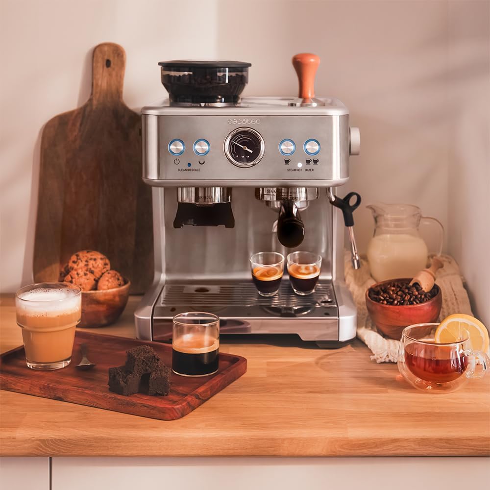 Cecotec Cafetera Express Barista Power Espresso 20 Barista. 2250W, 20 Bares, Manometro y 2 Thermoblocks, Depósito de Café en Grano, Molinillo con 20 Niveles, Vaporizador