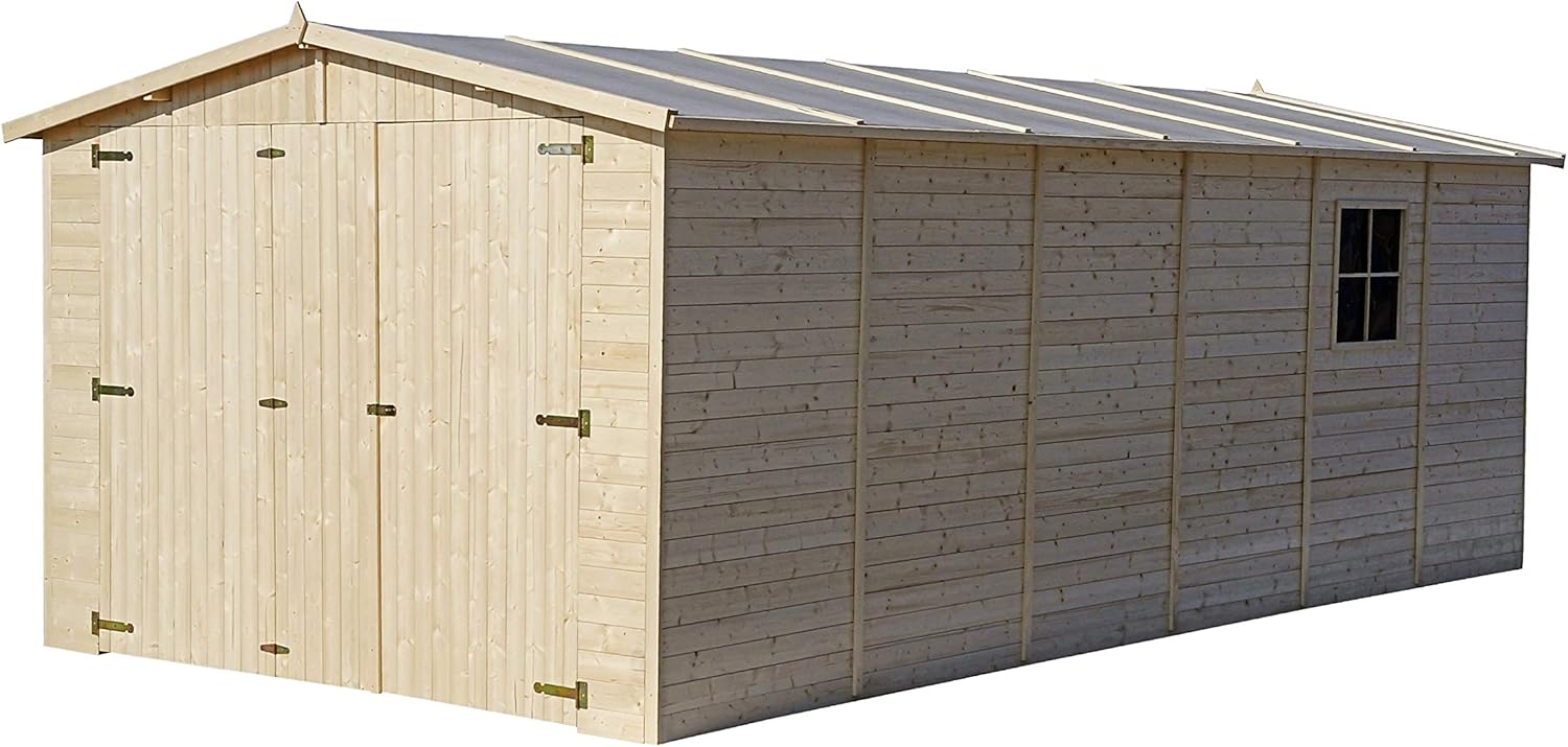 Garaje de Madera Natural - cobertizo en Pino/Abeto - A222x616x324 cm / 18 m² - Construcción Paneles - Taller de jardinería - Almacén de automóviles, cobertizo para Herramientas-TIMBELA M102