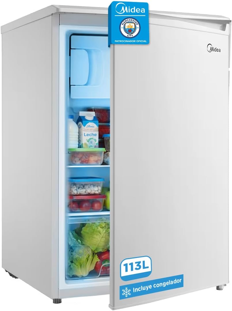 Midea Nevera pequeña 113L con Congelador - Mini frigorífico pequeño para la Habitación/Caravana/Camping - Mini Bar Bajo Consumo - Frigorifico Bajo Encimera Silencioso 39dB + Congelador -16º/-24º