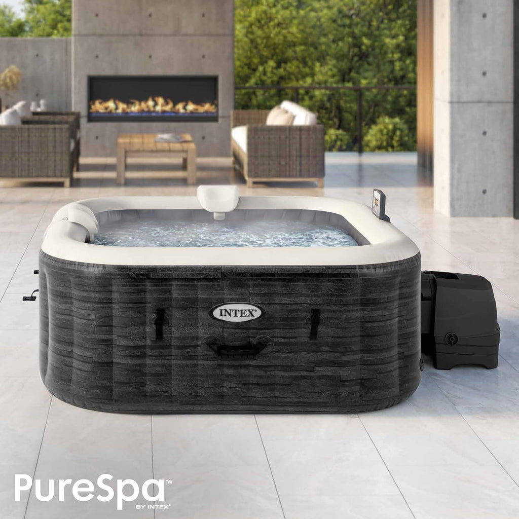 Intex Spa hinchable cuadrado Greystone Deluxe 4 personas, 175x175x71 cm, Calentador 2.200 W, Burbujas aire caliente, Clorador salino, Depuradora con filtro S2 (1.741 l/h), Accesorios incluidos (55093)