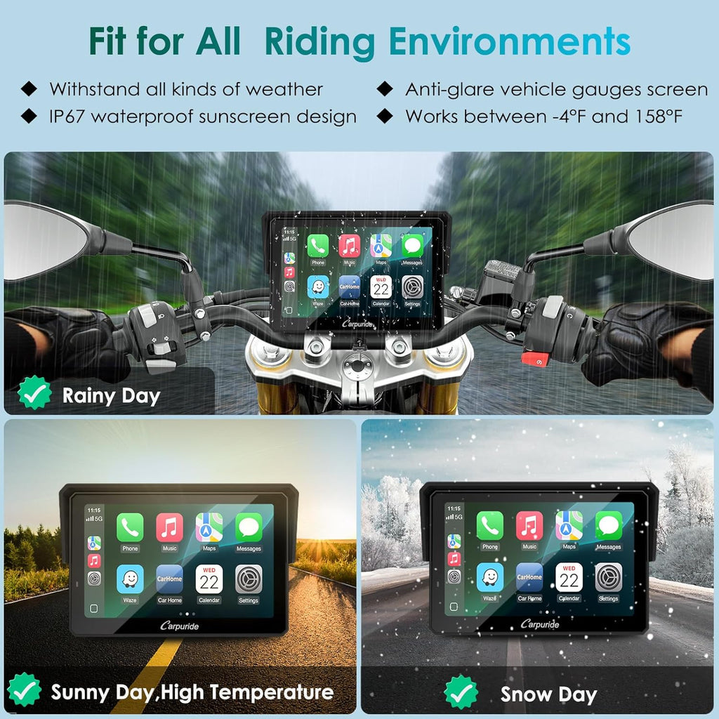 Carpuride W502S Pro - GPS inalámbrico para Motocicleta, Carplay/Android Auto, Pantalla táctil Impermeable de 5", con Soporte BM05, Bluetooth Trans, Mando a Distancia con Cable y navegación