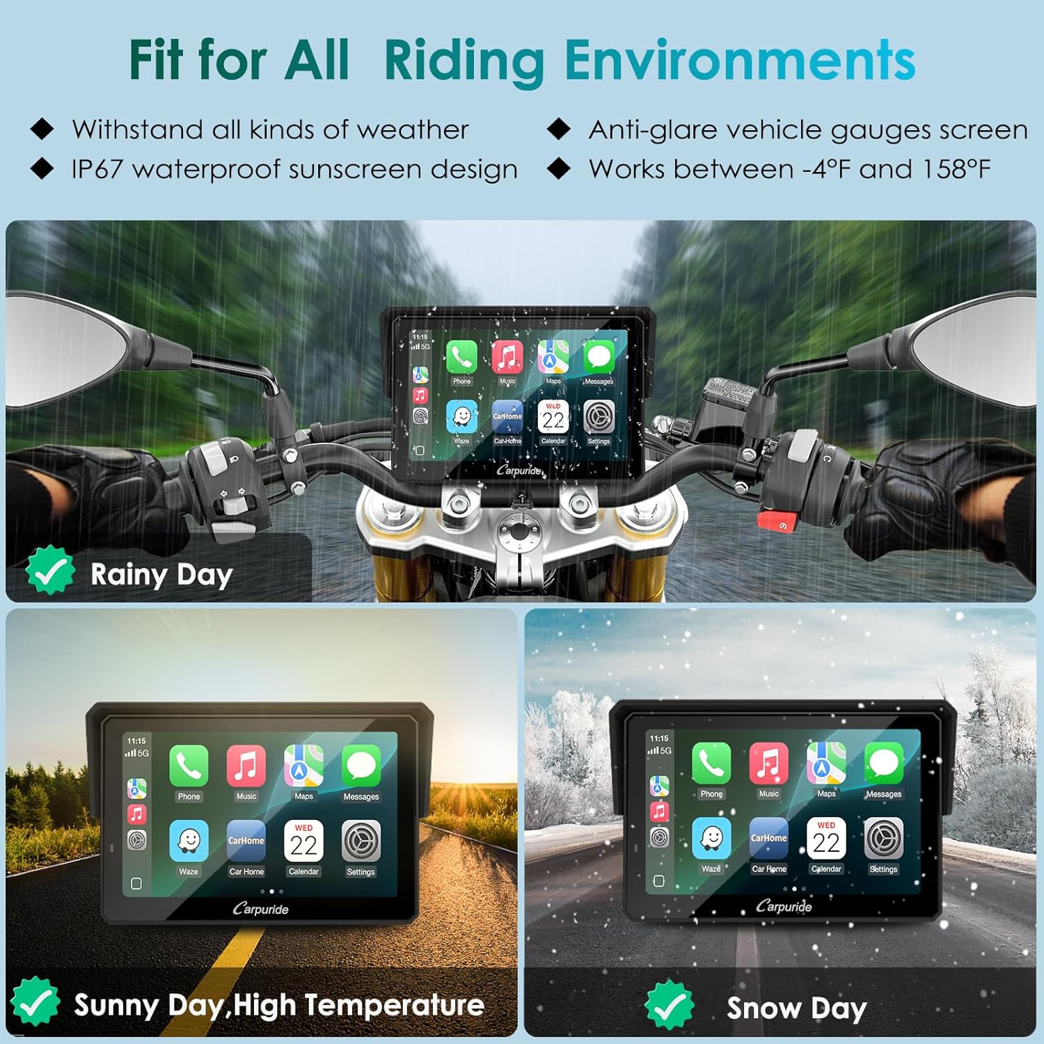 Carpuride W502S Pro - GPS inalámbrico para Motocicleta, Carplay/Android Auto, Pantalla táctil Impermeable de 5", con Soporte BM05, Bluetooth Trans, Mando a Distancia con Cable y navegación