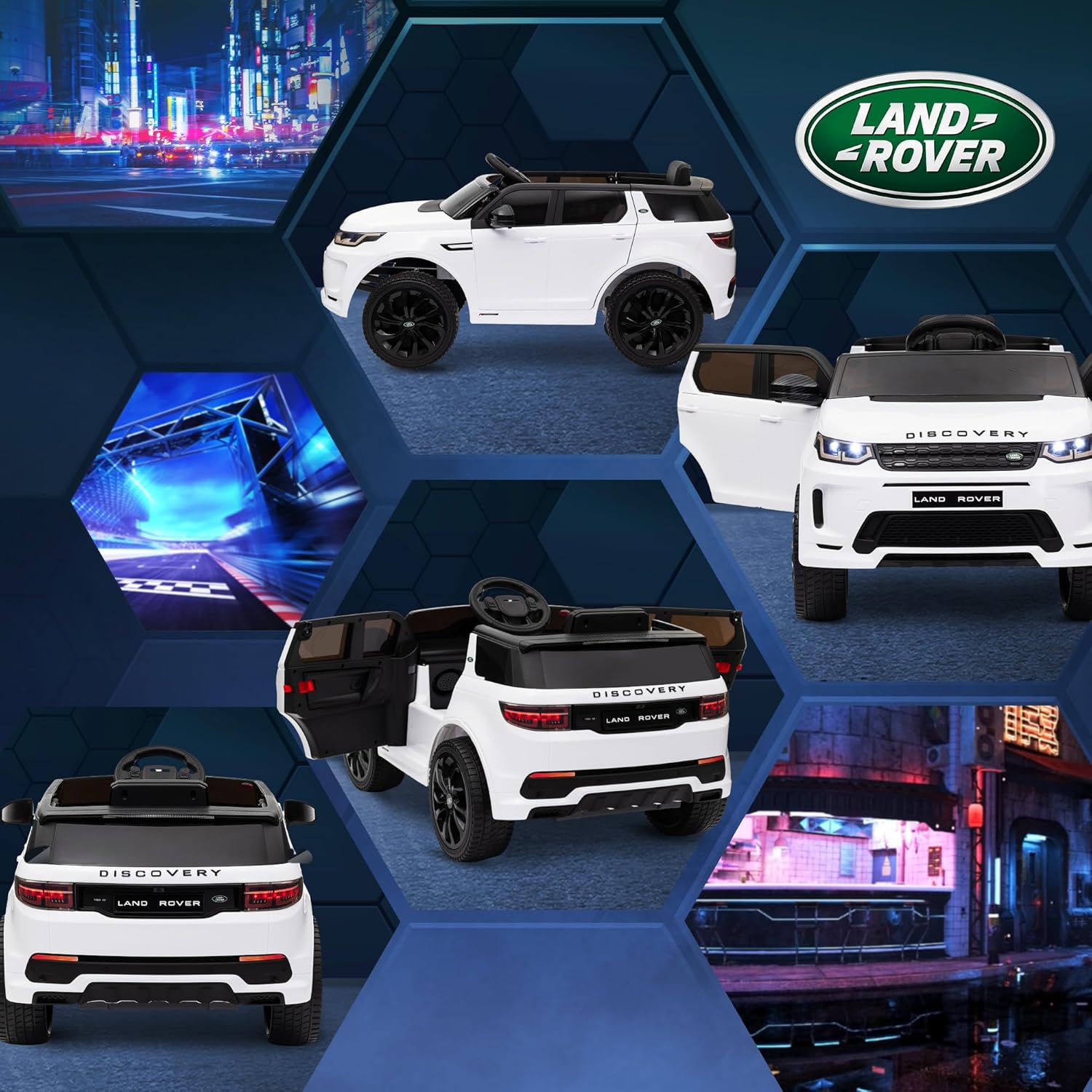 AIYAPLAY Coche Eléctrico para Niños de +3 Años con Licencia Land Rover Discovery Sport Carro Eléctrico Infantil con Batería 12V Mando a Distancia Arranque Lento Faros Bocina y Música Blanco