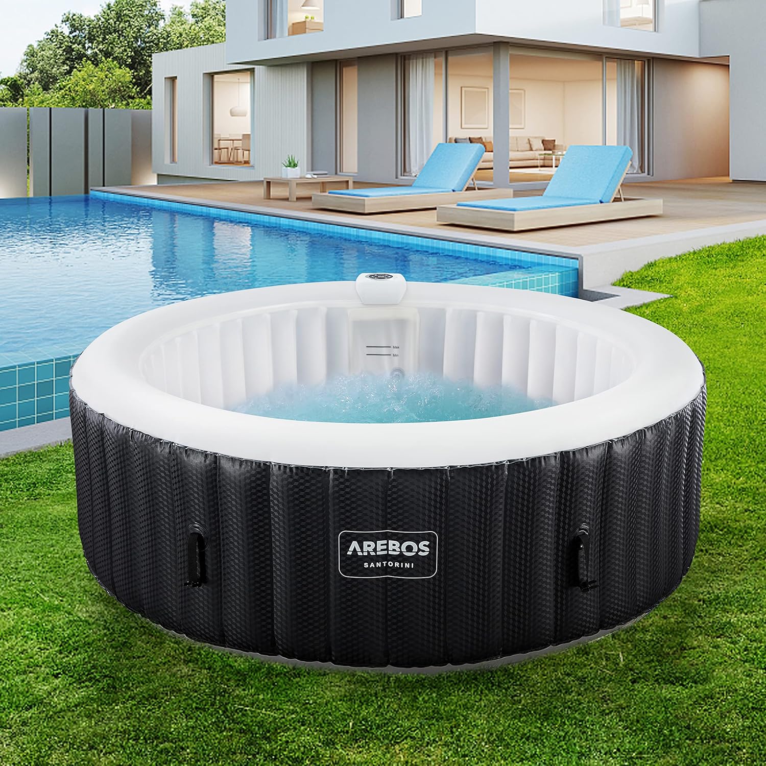 Arebos SPA Hinchable | Inflable automático | para Interior y Exterior | ⌀ 208 cm | 6 Personas | Banda Luminosa LED | 130 boquillas de Masaje | 1000 L | Incluye Cubierta | Bubble SPA & Wellness Masaje