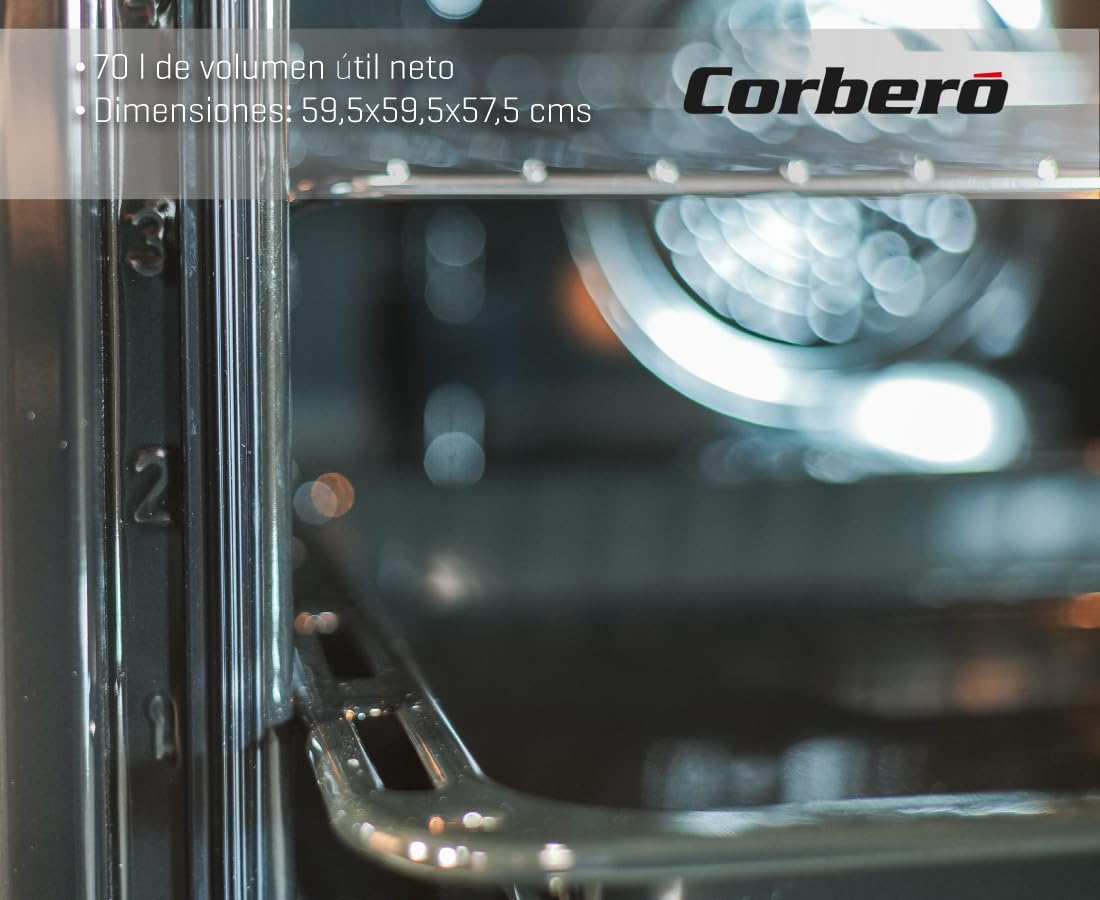 Corberó - Horno convección 70L | CCHM603W | 60x60x58 cm |Convencional con 4 Programas | Luz Interior | Limpieza Hidrólisis | Puerta Doble Cristal | 2100W | Blanco perfil Inox