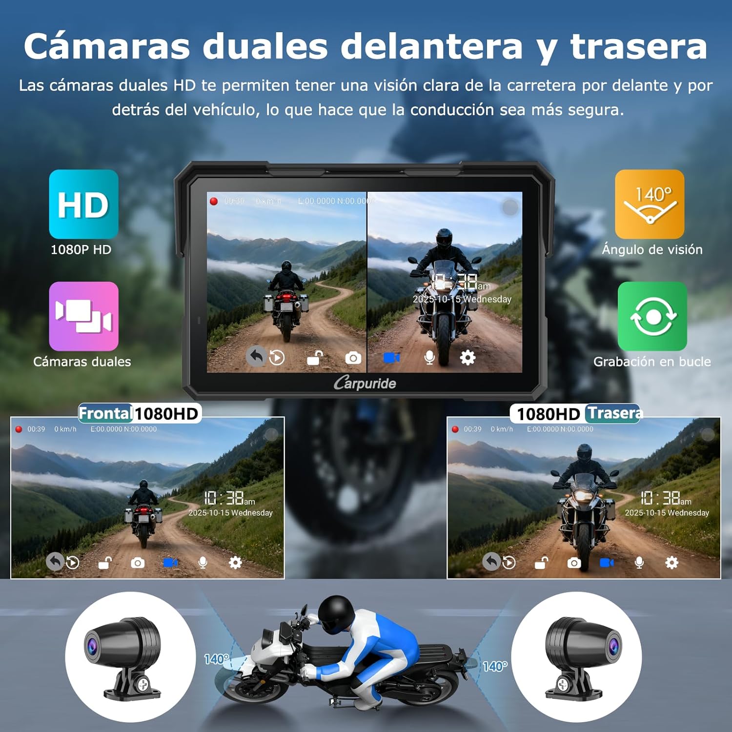 Carpuride W702 Plus Android 14 Motocicleta Carplay Pantalla con Doble Cámara, CarPlay y Android Auto Inalámbricos,7" Pantalla Táctil Impermeable, Audio BT,Grabación Bucle, Navegación Online y Offline.