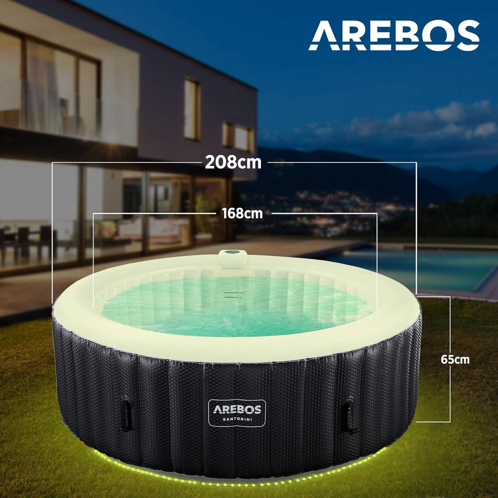 Arebos SPA Hinchable | Inflable automático | para Interior y Exterior | ⌀ 208 cm | 6 Personas | Banda Luminosa LED | 130 boquillas de Masaje | 1000 L | Incluye Cubierta | Bubble SPA & Wellness Masaje