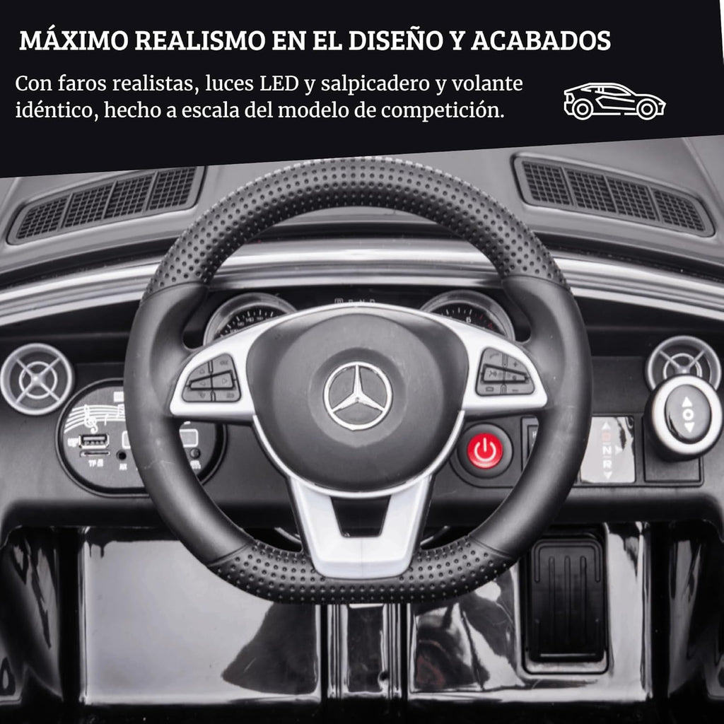 DEVESSPORT Coche Eléctrico Infantil Mercedes SLC 300 12V | con Mando, Faros LED, Música, USB y Apertura de Puertas – para Niños de 3 a 6 Años (Blanco)