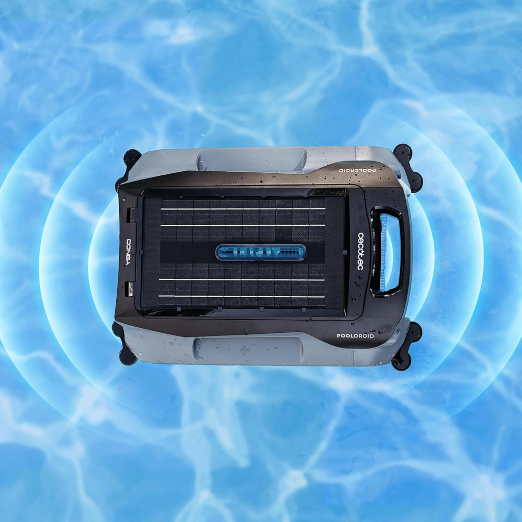 Cecotec Robot Limpiapiscinas para Superficie y Línea de Flotación Conga Pooldroid AquaSkater. Carga Solar, Autonomía 16h, Cesta de 4,5L y un Filtro de 187,5μm, Navegación Sensores Ultrasónicos