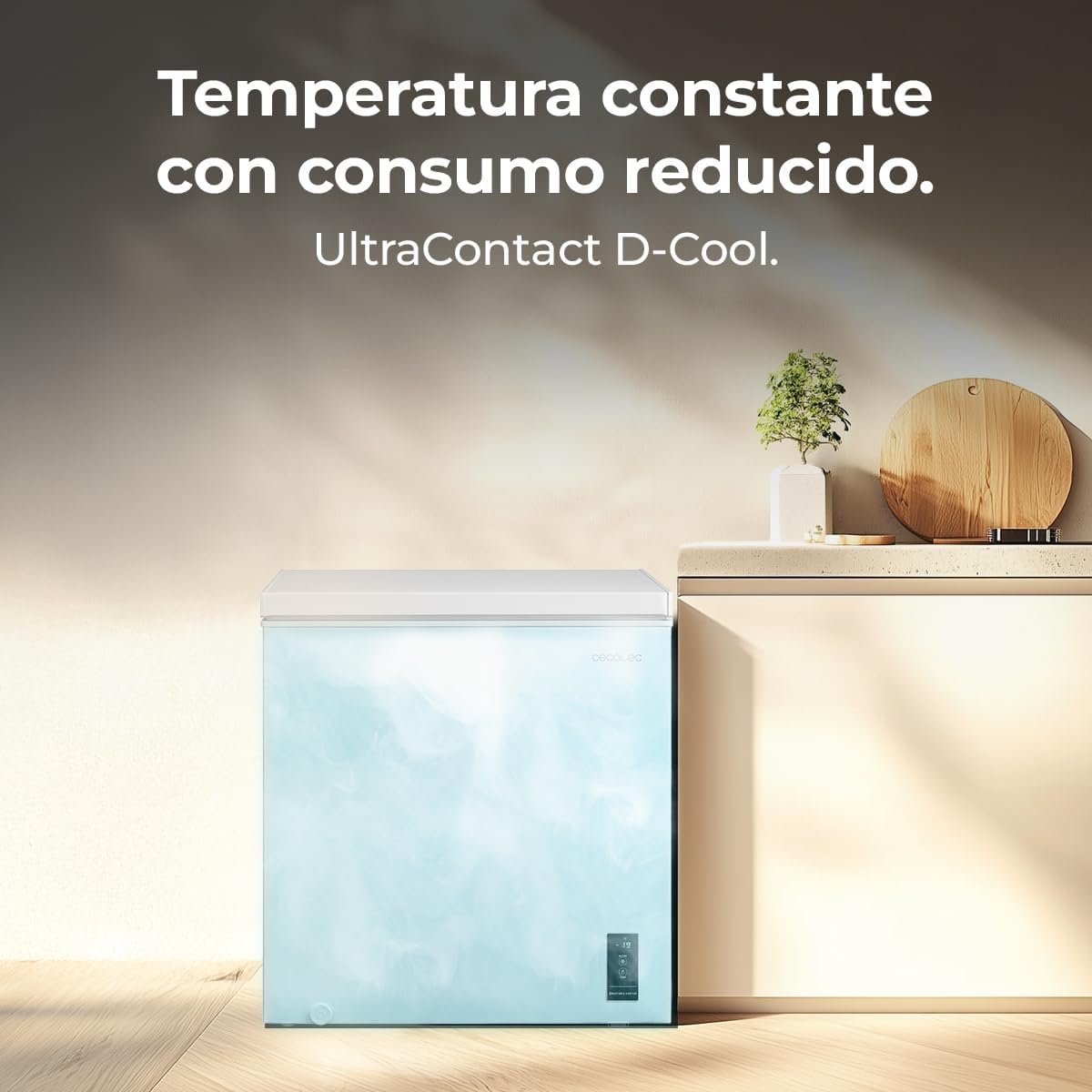 Cecotec Congelador Horizontal 198L Bolero CoolMarket Chest 198P White E. Cesta con Asas, Control Electrónico LED, UltraContact D-Cool, Dual Function, Puerta ZeroG (80º-30º), Fast Freezing, Compacto