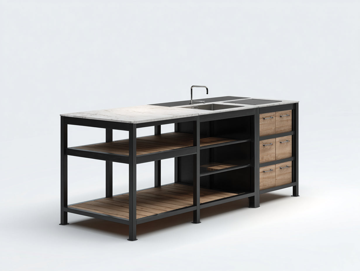 Islas de cocina con fregadero encimera efecto piedra 180x75x92 cm - negro y madera - estilo industrial funcional