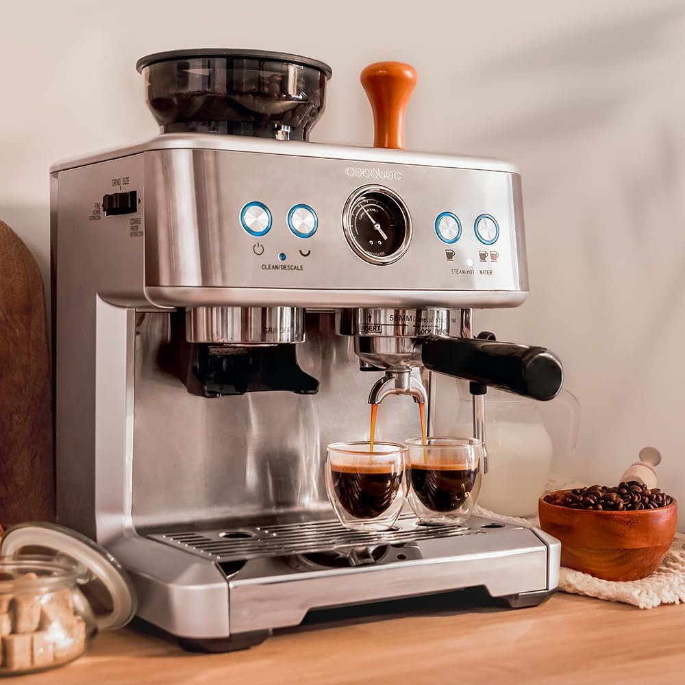 Cecotec Cafetera Express Barista Power Espresso 20 Barista. 2250W, 20 Bares, Manometro y 2 Thermoblocks, Depósito de Café en Grano, Molinillo con 20 Niveles, Vaporizador
