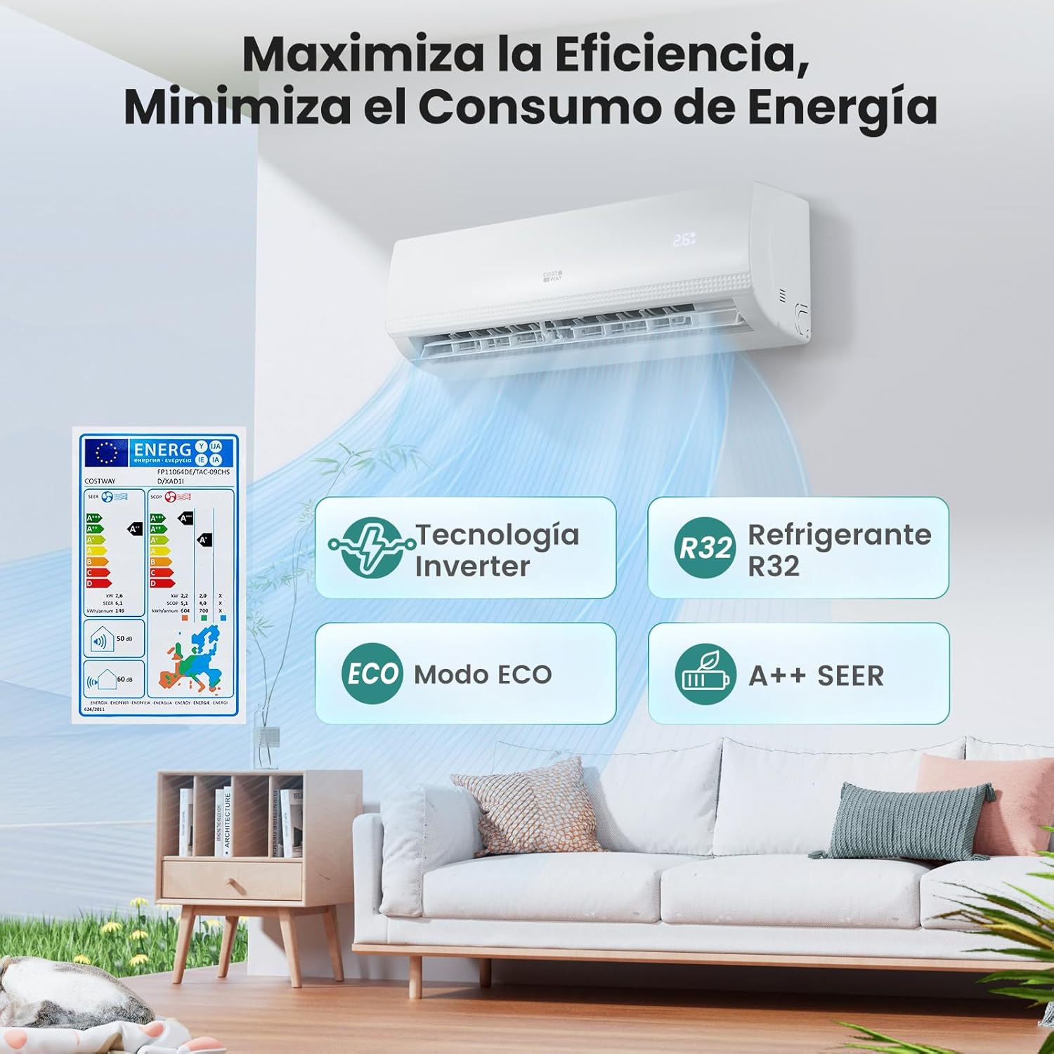 COSTWAY Aire Acondicionado Split, 2,6 kW, Aire Acondicionado con Calefacción con Bomba de Calor,Refrigerante: R32, Calefactor y Refrigerador con Kit de Instalación para Habitación hasta 70m³ (9000BTU)