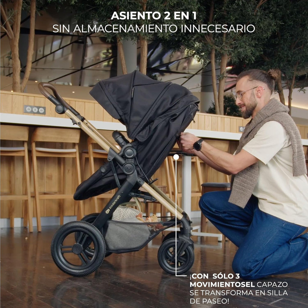 Kinderkraft MOOV XL 3 en 1, Carrito bebé hasta 27 kg, Carro, Con Asiento I-SIZE 40-75 cm, Plegable, Amortiguación, Convertible, Capazo XL, Con accesorios, Gris Claro