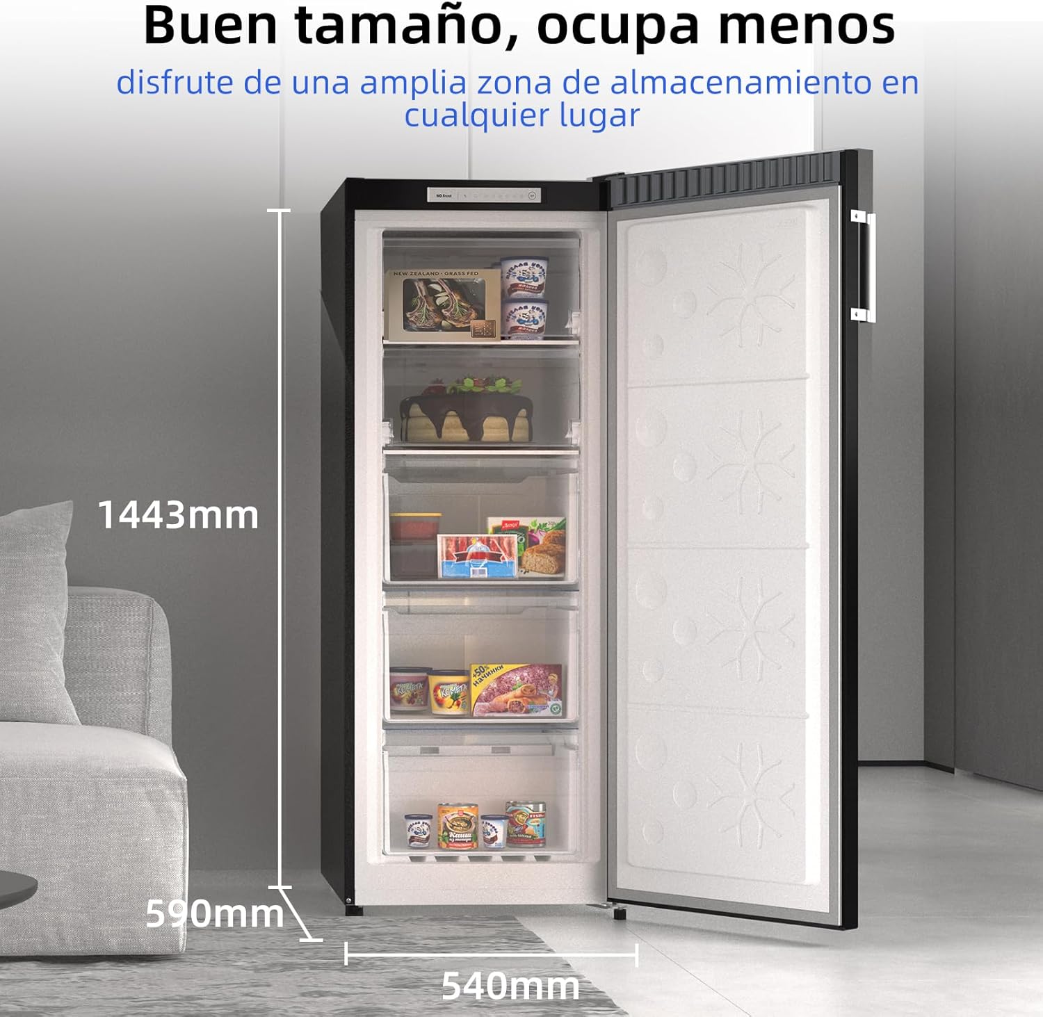 CHiQ Congelador Vertical No frost 166L,FSD166NE4E, Cajones XL, Control de Temperatura Electrónico, Puertas Reversibles, Silencioso, Ice Box, Color Inox Negro, Clase Energética E