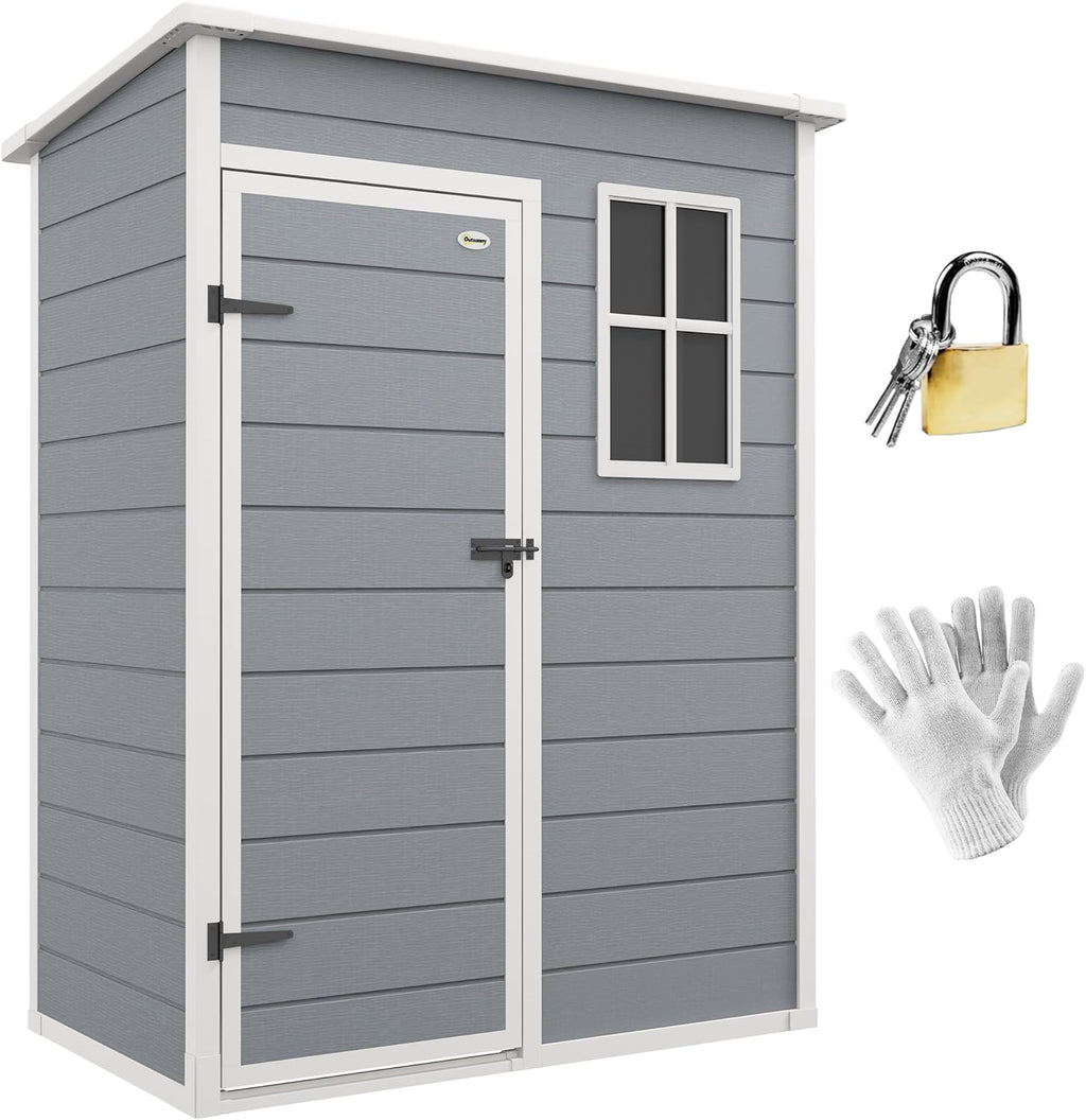 Outsunny Caseta de Jardín Exterior, 1,14 m², 151x92x193 cm, Cobertizo de Jardín Exterior con Suelo, Puerta Corredera, Ventana y Techo Inclinado, para Almacenamiento de Herramientas, Gris