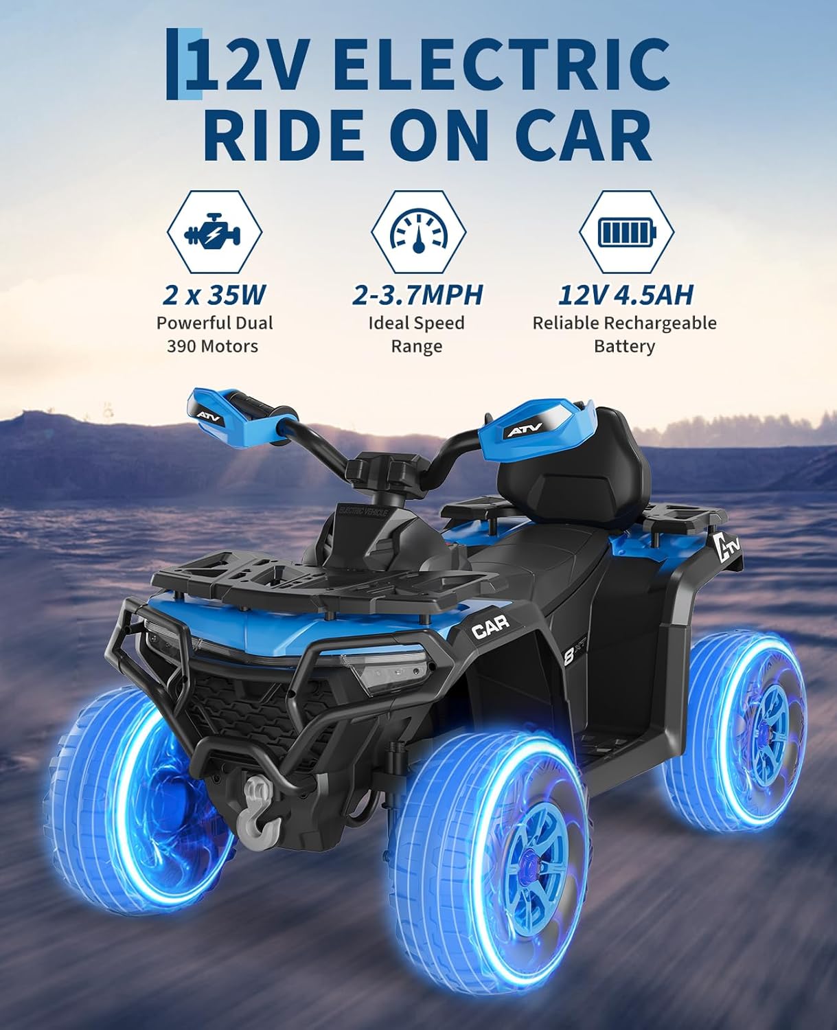 Garvee Quad Eléctrico Niño 12 V, Coche Eléctrico 4 Ruedas Todoterreno con 2 Motores, Mando a Distancia Parental, Suspensión, Faros LED, Música, Bluetooth, USB, Bandera Luminosa, a Partir de 3 años